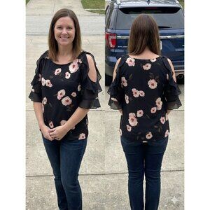 Worthington Cold Shoulder Ruffle Sleeve Floral Blouse Black Pink Large